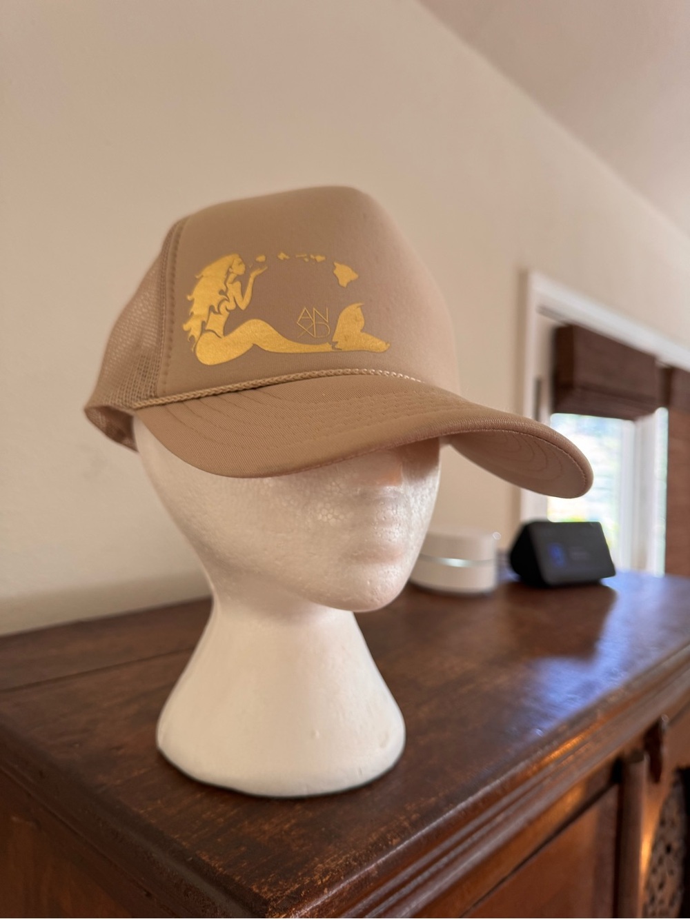 Wet Dreamz Hawaii Tan Trucker Cap with Gold Mermaid Graphic